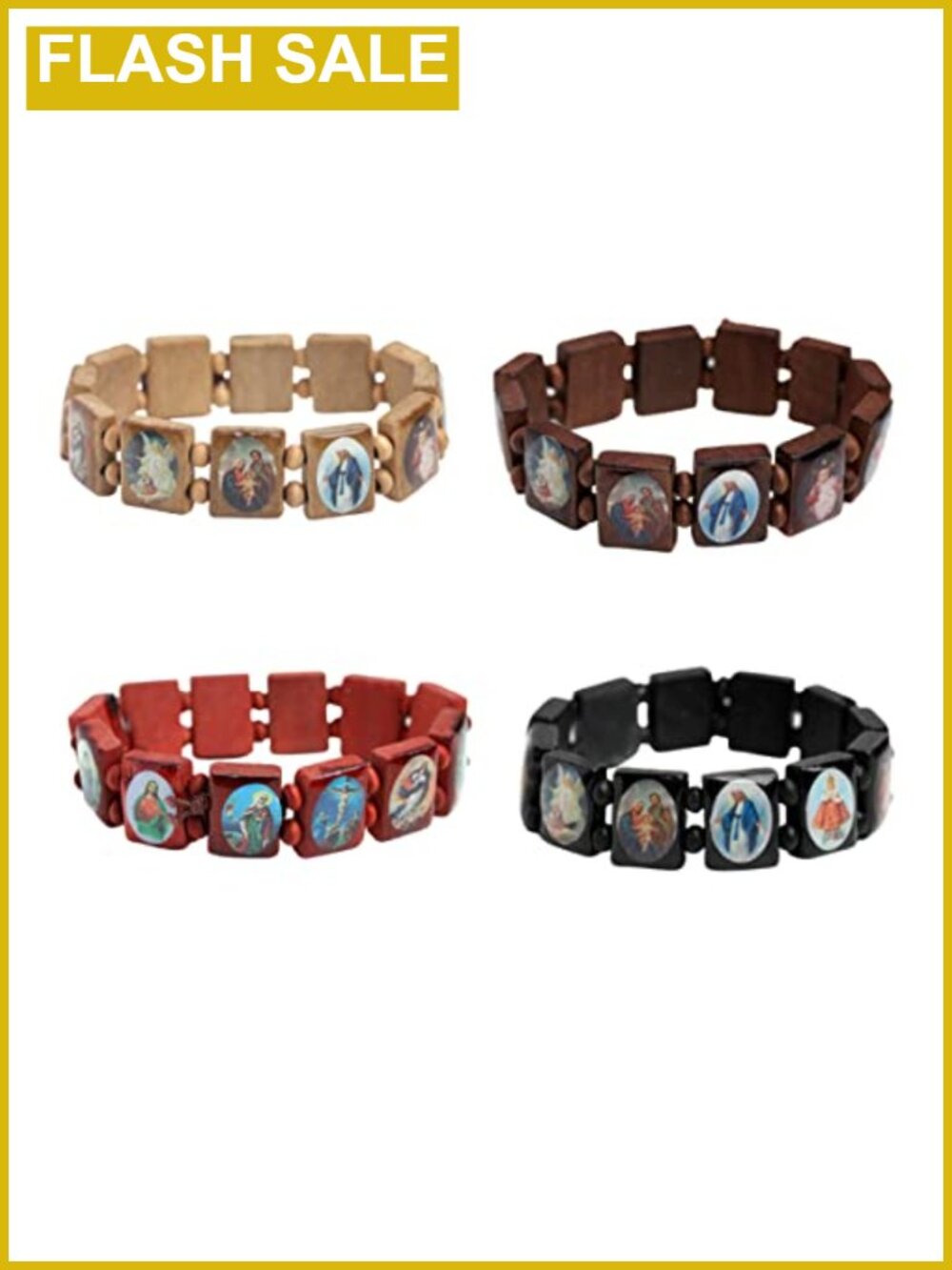 Wooden Rosary Bracelet Stretch Jesus Mary Catholic Saints Charm 4Pcs